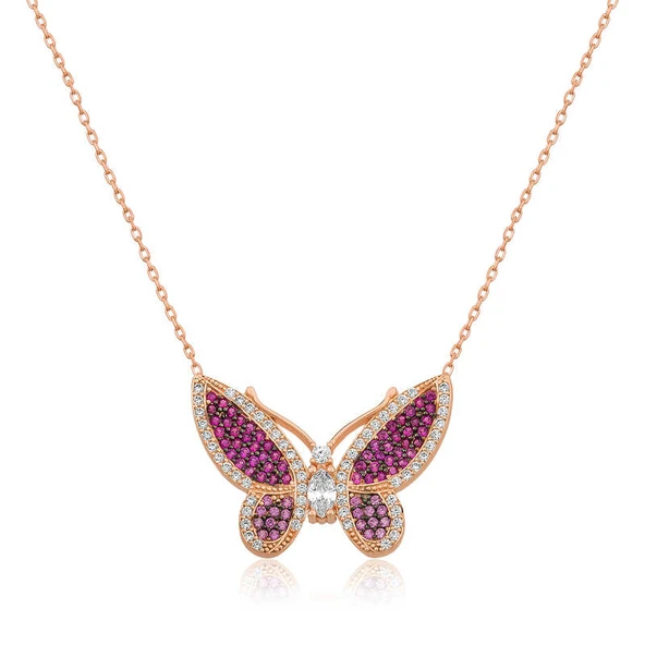 925 Ayar Gümüş Pembe Kelebek Kadın Gümüş Kolye T4540 ürün görseli