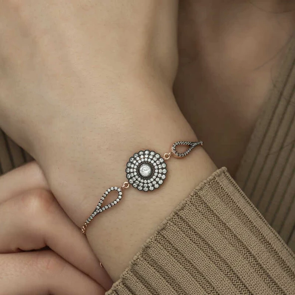 925 Ayar Gümüş Rose Elmas Montür Çiçek Bileklik T5225 - Resim 4