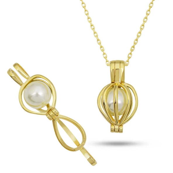 925 Ayar Gümüş Gold Beyaz İncili Kadın Kolye T7528 ürün görseli