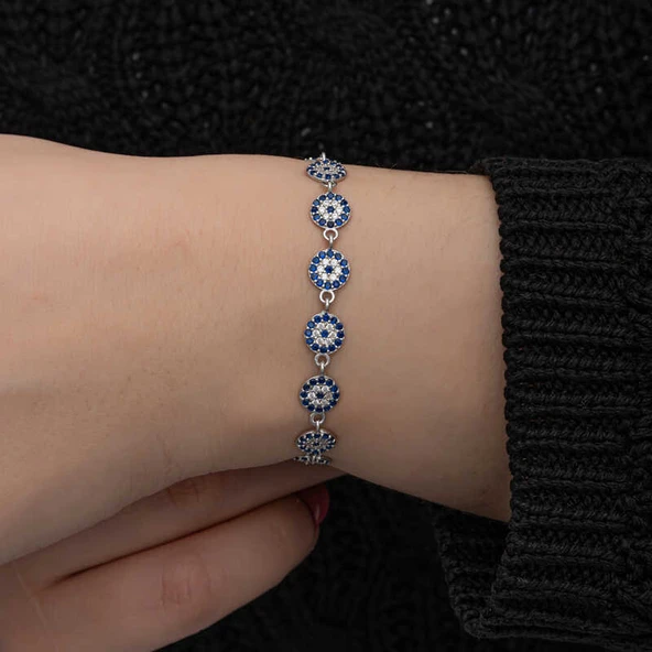 ​925 Ayar Gümüş Nazar Boncuklu Kadın Bileklik T8648 - Resim 4