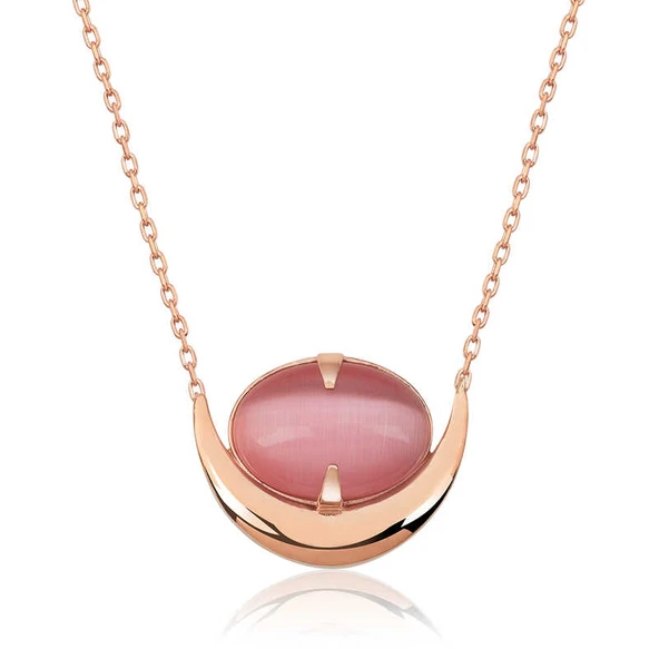 925 Ayar Gümüş Pembe Kedi Gözü Taşlı Hilal Kolye T4760 ürün görseli 1