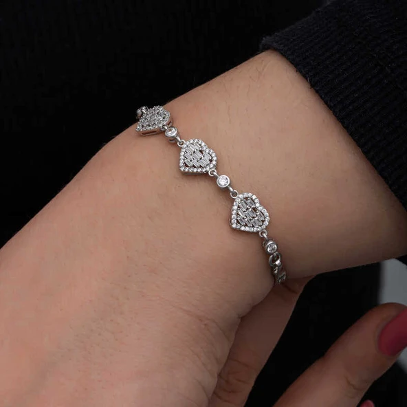 ​925 Ayar Gümüş Baget Taşlı Kalp Kadın Bileklik T8559 - Resim 4