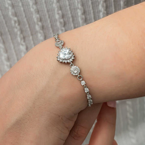 925 Ayar Gümüş Kalpli Su Yolu Kadın Bileklik T8771 - Resim 3