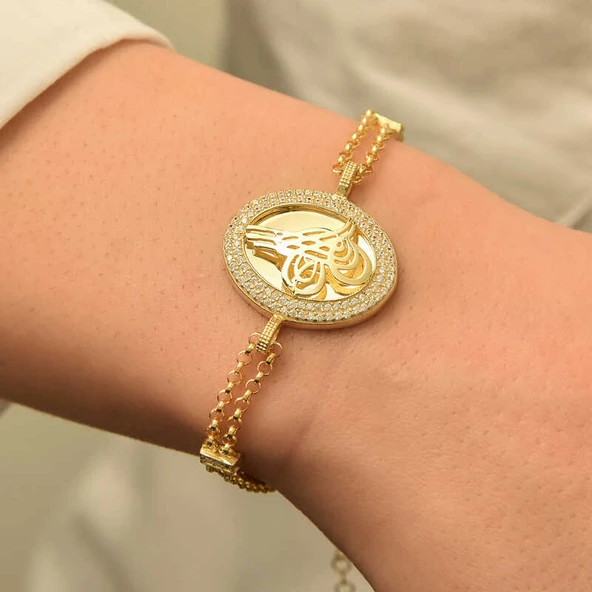 925 Ayar Gümüş Gold Tuğralı Bileklik BR0460660 - 2