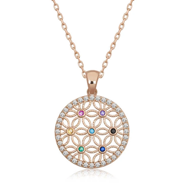 925 Ayar Gümüş Renkli Taşlı Yaşam Çiçeği Kadın Gümüş Kolye T6634 ürün görseli