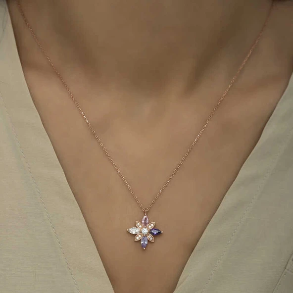 925 Ayar Gümüş Mix Taşlı Umut Çiçeği Gümüş Kolye T6020 - Resim 4