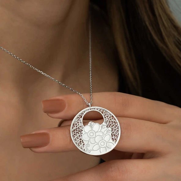 925 Ayar Gümüş Yaşam Çiçeği Kadın Gümüş Kolye T4599 - Resim 3
