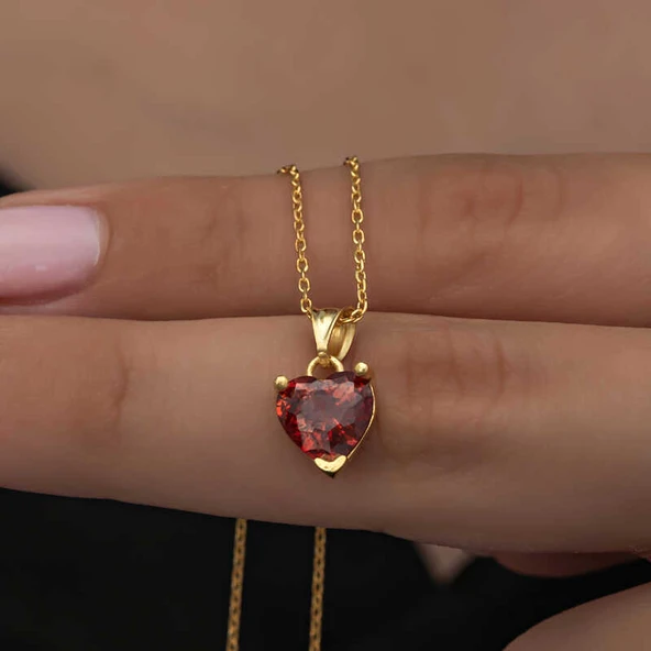 925 Ayar Gümüş Gold Kırmızı Taşlı Kalpli Kadın Kolye T8325 - Resim 4