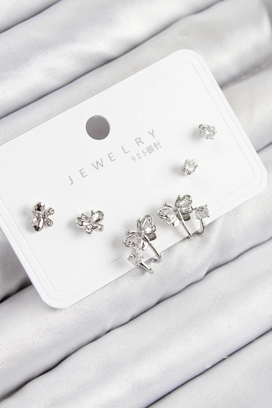 CEYLAN ADAM Pirinç Zirkon Taşlı Kelebek Model Gümüş Renk 925 Ayar Gümüş Çivi Kadın Küpe Set ürün görseli 1