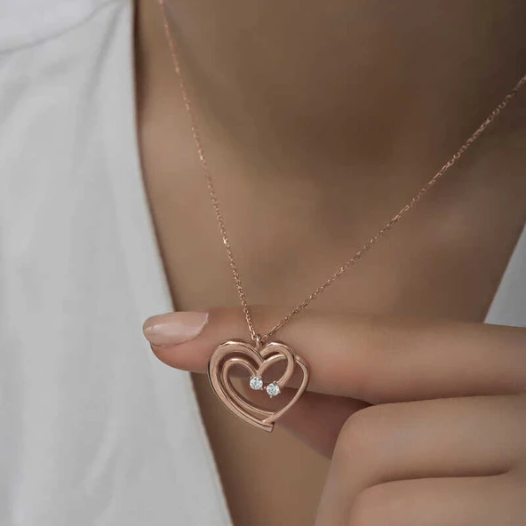 925 Ayar Gümüş Rose Birleşmiş Kalpler Kadın Kolye T6581 - Resim 5
