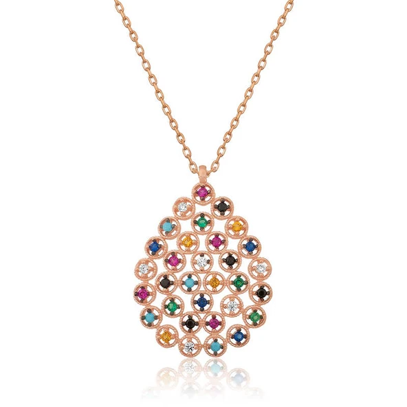 925 Ayar Gümüş Renkli Taşlı Damla Kadın Gümüş Kolye T4600 ürün görseli