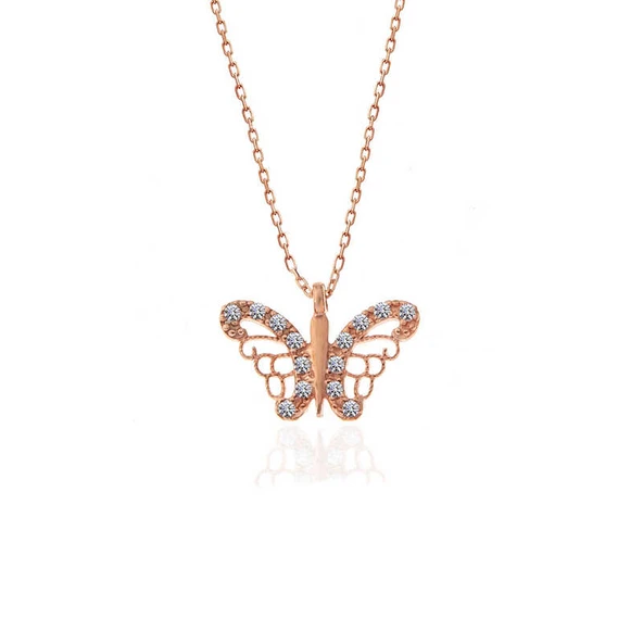 925 Ayar Gümüş Rose Kelebek Kadın Gümüş Kolye T7377 - Resim 3