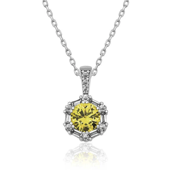 ​925 Ayar Gümüş Buğday Sarısı Baget Taşlı Kadın Gümüş Kolye T4883 ürün görseli