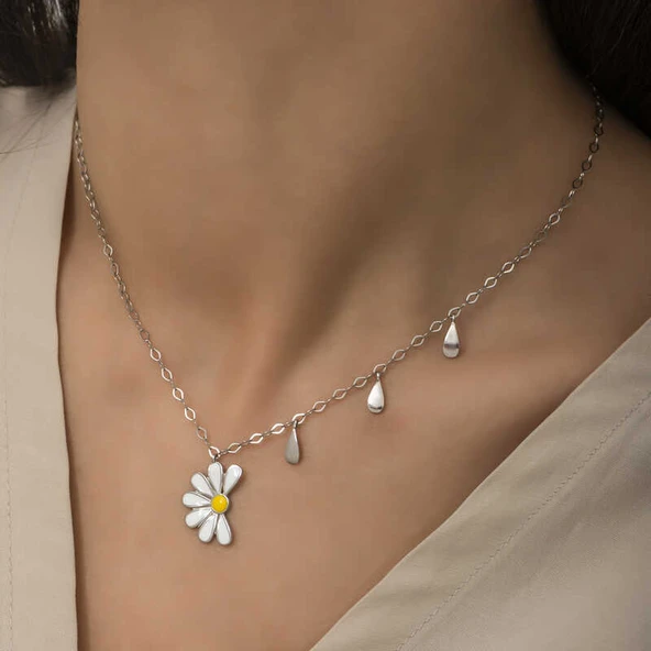 925 Ayar Gümüş Papatya Seviyor Sevmiyor Bayan Gümüş Kolye T5980 - Resim 5