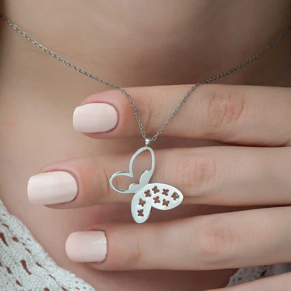 925 Ayar Gümüş Kelebek Kadın Gümüş Kolye T4855 - Resim 3