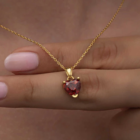 925 Ayar Gümüş Gold Kırmızı Taşlı Kalpli Kadın Kolye T8325 - Resim 3