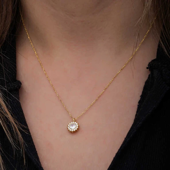 925 Ayar Gümüş Gold Minimal Yuvarlak Anturaj Kadın Kolye T8572 - Resim 4