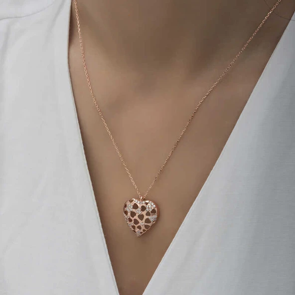 925 Ayar Gümüş Bombeli Kalp Kadın Gümüş Kolye T6591 - Resim 5