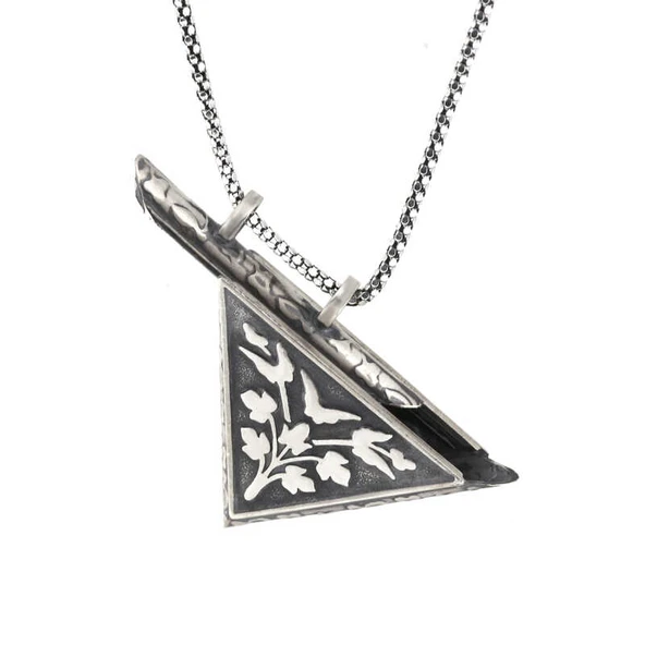 925 Ayar Gümüş Üçgen İçi Açılabilen Çiçek Muskalık Gümüş Kolye T6010 - Resim 4