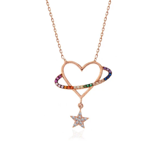 925 Ayar Gümüş Rose Kalp Yıldız Kadın Kolye T7354 - Resim 2