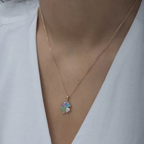 925 Ayar Gümüş Rose Renkli Taşlı Yonca Kadın Gümüş Kolye T6919 - Resim 5