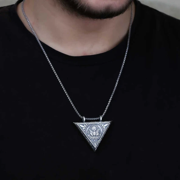 925 Ayar Gümüş Üçgen İçi Açılabilen Osmanlı Arma Muskalık Gümüş Kolye T6013 - Resim 2