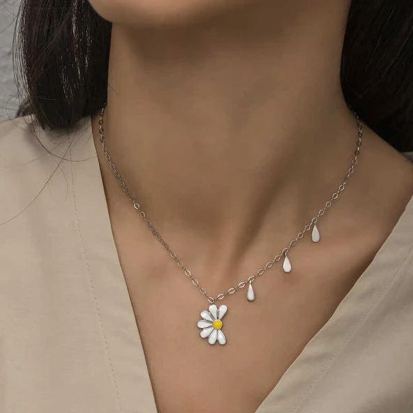 925 Ayar Gümüş Papatya Seviyor Sevmiyor Bayan Gümüş Kolye T5980 - Resim 2