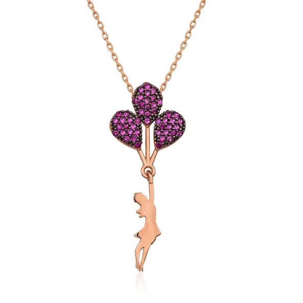 925 Ayar Gümüş Rose Kırmızı Balonlu Kız Kolye T5087 - Resim 2