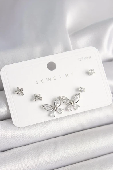 925 Ayar Gümüş Çivi Pirinç Gümüş Renk Zirkon Taşlı Kelebek Model Kadın Küpe Seti - BKP10394 ürün görseli