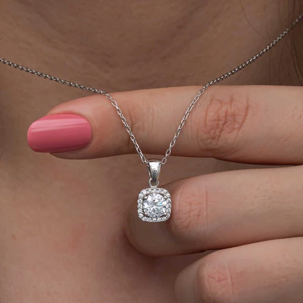 925 Ayar Gümüş Kare Montür Tek Taş Kadın Kolye T8605 - Resim 5