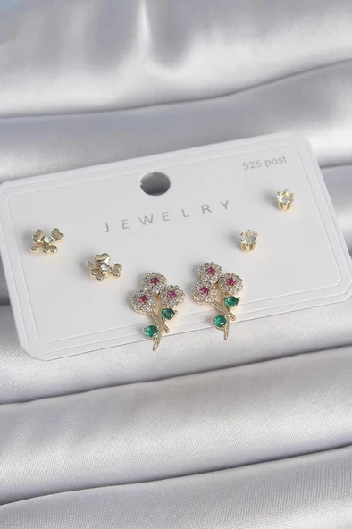 Pirinç Gold Renk Renkli Zirkon Taşlı Çiçek Model Yaprak Detay 925 Ayar Gümüş Çivi Kadın Küpe Seti - BKP10486 ürün görseli