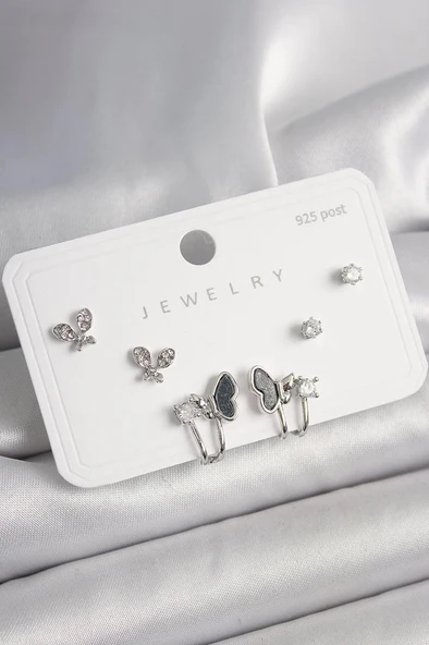 925 Ayar Gümüş Çivi Pirinç Gümüş Renk Zirkon Taşlı Kelebek Model Kadın Küpe Seti - BKP10404 ürün görseli