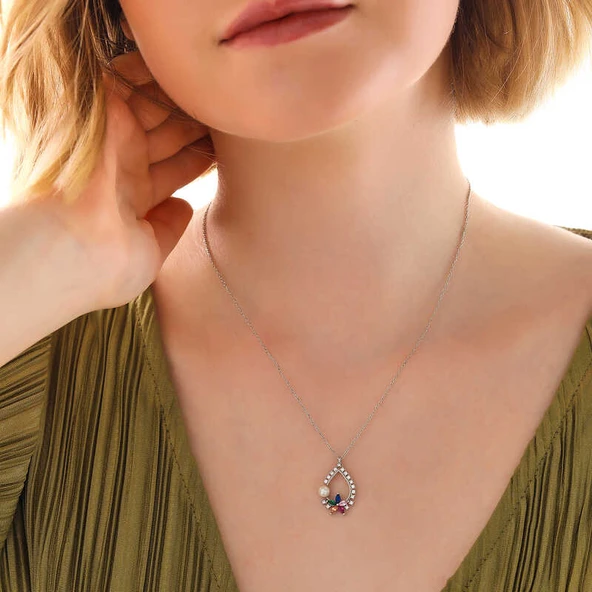 925 Ayar Gümüş Renkli Taşlı Çiçekli Kadın Kolye T7973 - Resim 2