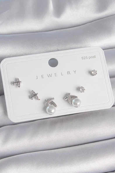 Pirinç Gümüş Renk Zirkon Taşlı Kelebek Model İnci Detay 925 Ayar Gümüş Çivi Kadın Küpe Seti-BKP10479 ürün görseli