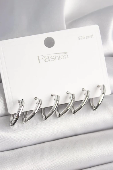 925 Ayar Gümüş Çivi Pirinç Gümüş Renk Üçgen Model Kadın Küpe Seti - BKP10414 ürün görseli