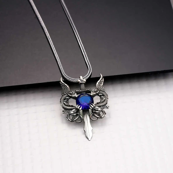 925 Ayar Gümüş Mavi Taşlı Ejderha Erkek Kılıç Kolye T7930 - Resim 2