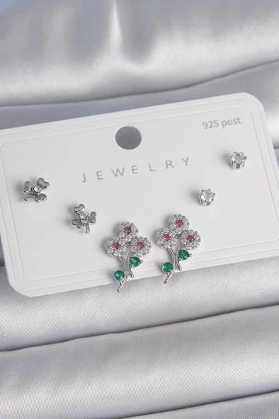 Pirinç Gümüş Renk Renkli Zirkon Taşlı Çiçek Model Yaprak Detay 925 Ayar Gümüş Çivi Kadın Küpe Seti - BKP10487