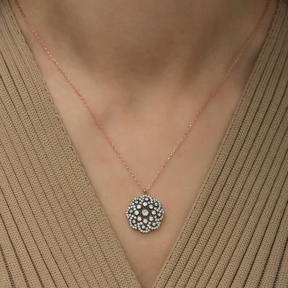 925 Ayar Gümüş Çiçek Desenli Elmas Montür Kolye T5099 - Resim 2