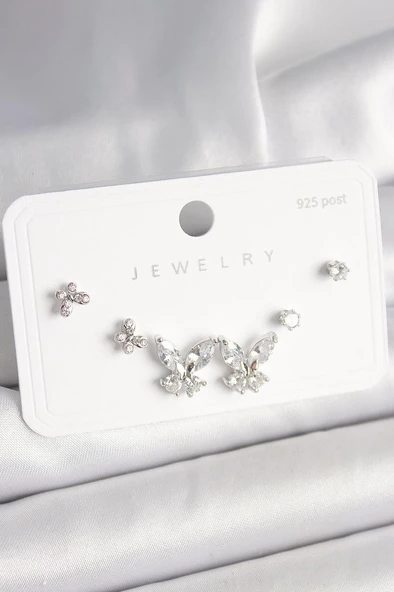 925 Ayar Gümüş Çivi Pirinç Zirkon Taşlı Kelebek Model Kadın Küpe Seti - BKP10402 ürün görseli