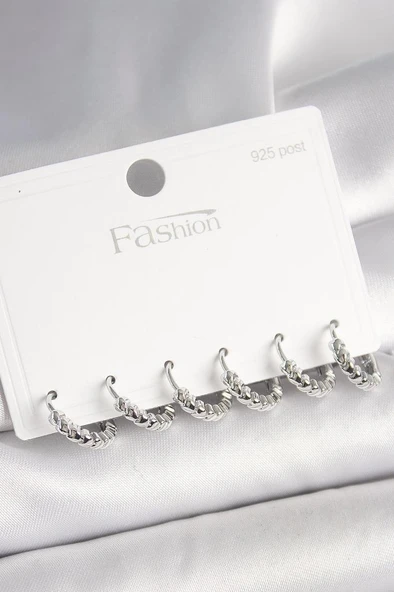 925 Ayar Gümüş Çivi Pirinç Gümüş Renk Kalp İşlemeli Halka Model Kadın Küpe Seti - BKP10412 ürün görseli