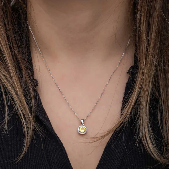 925 Ayar Gümüş Sarı Baget Taşlı Kadın Kolye T8601 - Resim 5