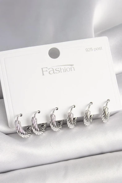 925 Ayar Gümüş Çivi Pirinç Gümüş Renk İşlemeli Halka Model Kadın Küpe Seti - BKP10410 ürün görseli