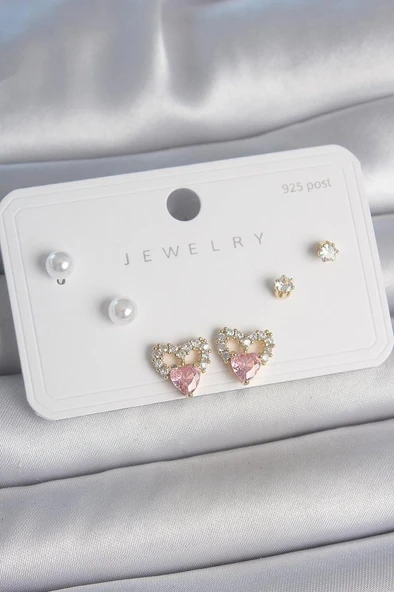 Pirinç Gold Renk Pembe Zirkon Taşlı Kalp Model İnci Detay 925 Ayar Kadın Küpe Seti - BKP10488 ürün görseli