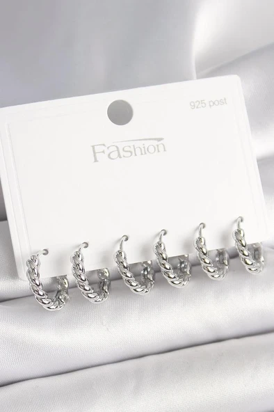 925 Ayar Gümüş Çivi Pirinç Gümüş Renk Sarmal Halka Model Kadın Küpe Seti - BKP10416 ürün görseli