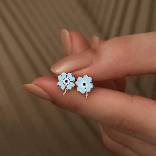 925 Ayar Gümüş Fosforlu Mavi Yonca Küpe T5148 - Resim 3