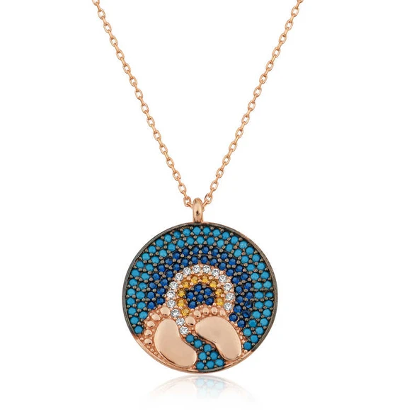 925 Ayar Gümüş Rose Nazarlı Bebek Ayak İzi Kolye T4281 ürün görseli 1