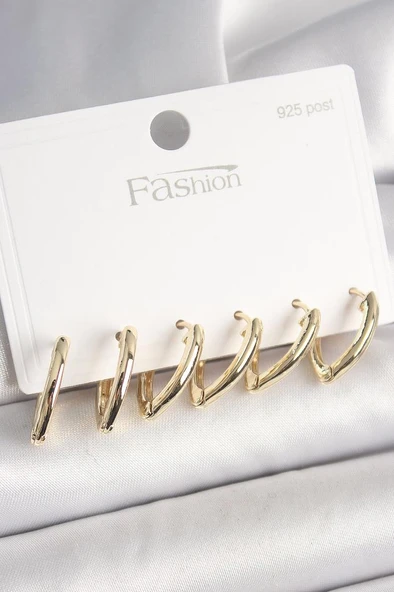 925 Ayar Gümüş Çivi Pirinç Gold Renk Üçgen Model Kadın Küpe Seti - BKP10415 ürün görseli