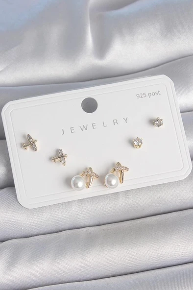 Pirinç Gold Renk Zirkon Taşlı Kelebek Model İnci Detay 925 Ayar Gümüş Çivi Kadın Küpe Seti -BKP10478