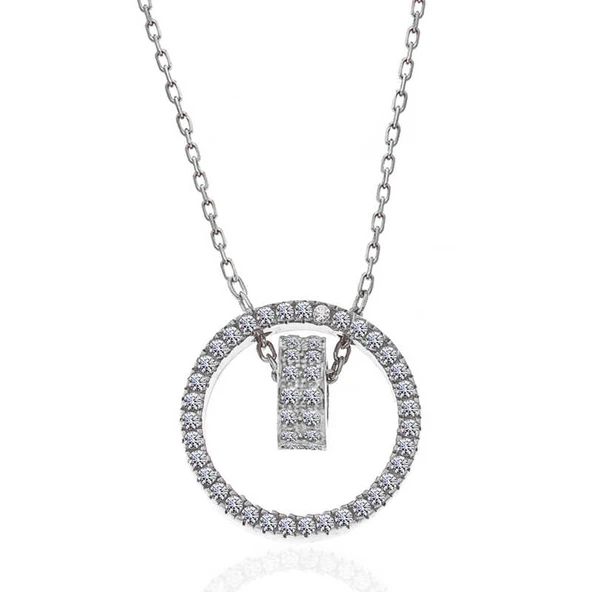 925 Ayar Gümüş İç İçe Geçmiş Halka Kadın Kolye T7488 - Resim 3