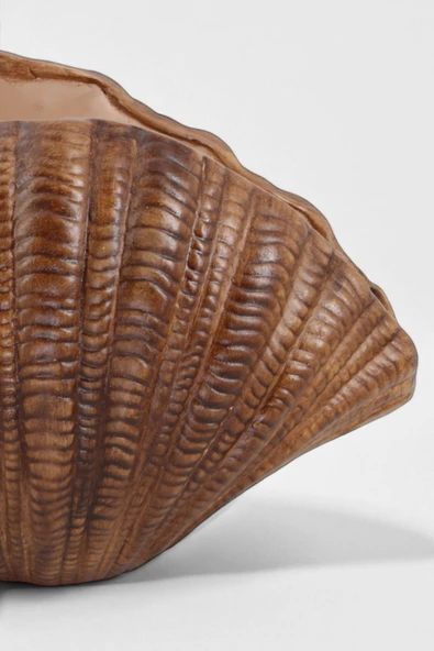 Mira Ahşap Dokulu Seramik Midye Vazo (29x20 cm) - Resim 5